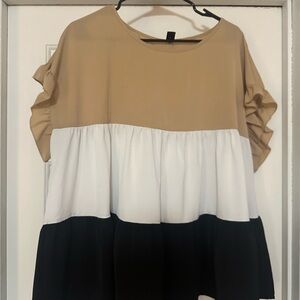 Women’s Colorblock Ruffle Sleeve Top - Beige, White & Black